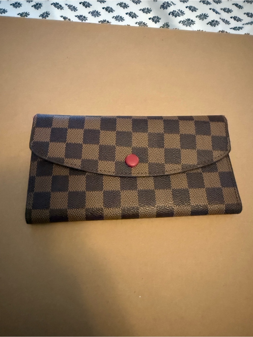 Checkered Brown Women's Wallet with Red Button